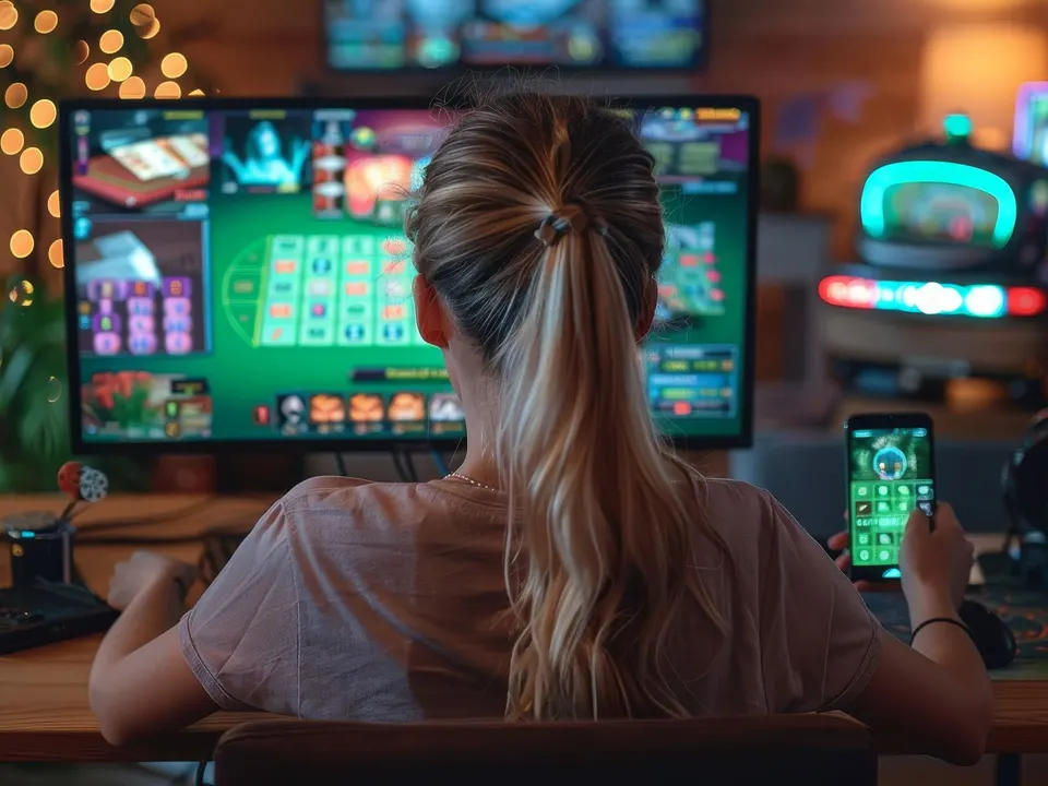 Smartphone zwischen Pokerchips, Würfeln und Geldscheinen